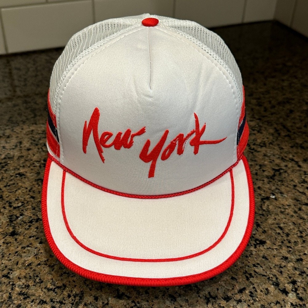 New York 3 Striped Trucker Hat Snapback White Red Navy Adjustable